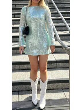 RARE LONDON Glazed Open Back Mini Dress in Mint Green Size US 4